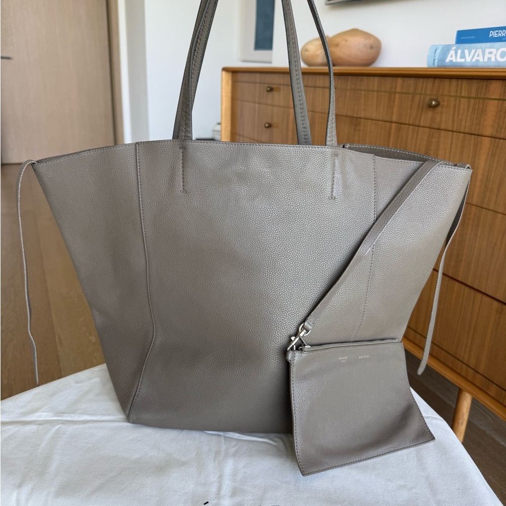 Celine Leather Cabas Tote Bag with Removable Pouch - Gray - Picture 5 of 8